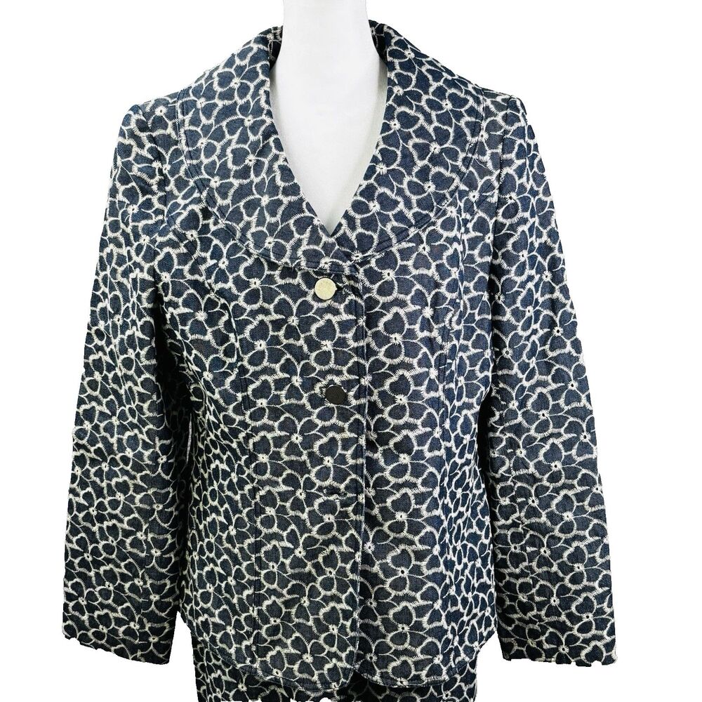 VTG Suit Skirt Set Womens 10 Blue Denim Floral Embroidered Night Studio